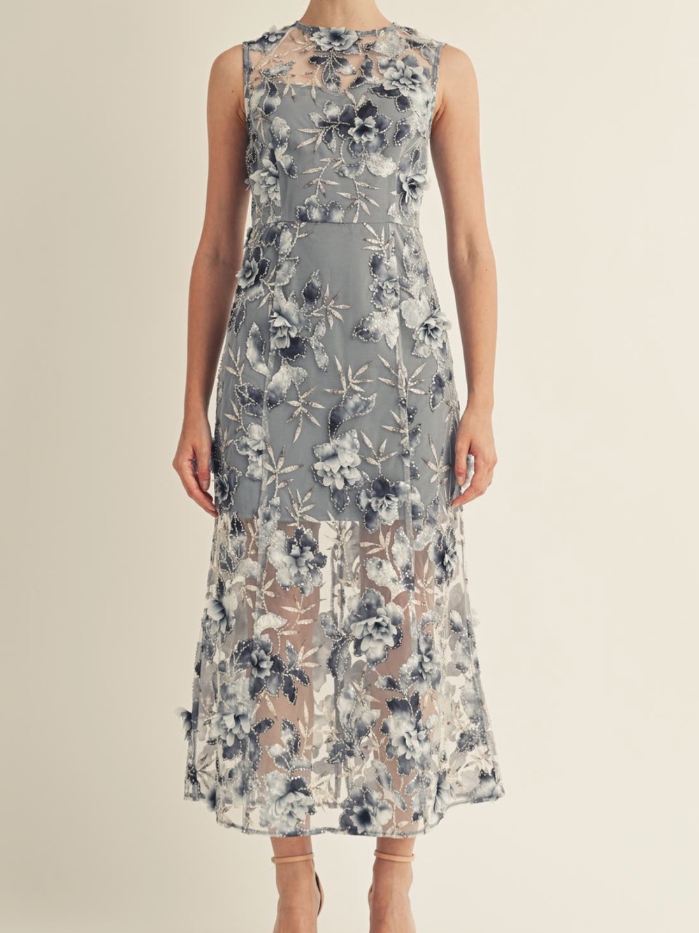 Sleeveless Embroidered Floral Maxi Dress in Slate Blue